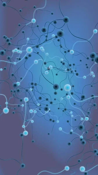 Neural network. Social network. Futuristic blue background. Abstract molecule, cell illustration, mycelium. Hi tech purple background. Vertical orientation. 3D illustration