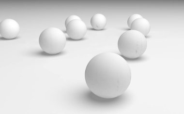 Beyaz soyut arka plan. Beyaz toplar beyaz arka planda izole edilmiş. 3B illüstrasyon