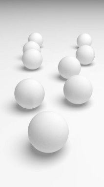Beyaz soyut arka plan. Beyaz toplar beyaz arka planda izole edilmiş. 3B illüstrasyon