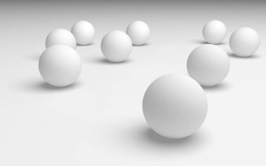 Beyaz soyut arka plan. Beyaz toplar beyaz arka planda izole edilmiş. 3B illüstrasyon