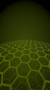 Bal peteklerinin çok katmanlı küresi, koyu arkaplanda sarı, sosyal ağ, bilgisayar ağı, teknoloji, küresel ağ. 3B illüstrasyon