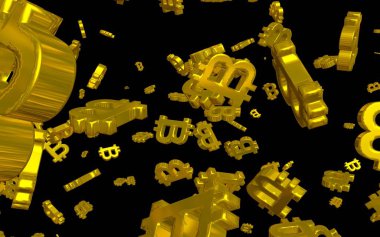 Karanlık bir arka planda dijital para birimi sembolü Bitcoin. Bitcoin düşüşü. Sanal ekranda kripto para birimi grafiği. İş, finans ve teknoloji kavramı. 3B illüstrasyon