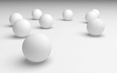 Beyaz soyut arka plan. Beyaz toplar beyaz arka planda izole edilmiş. 3B illüstrasyon
