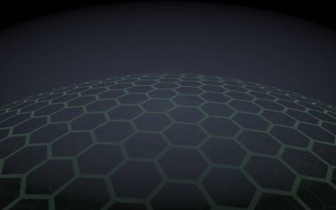 Çok katmanlı petek küresi, siyah arka planda mavi, sosyal ağ, bilgisayar ağı, teknoloji, küresel ağ. 3d illüstrasyon