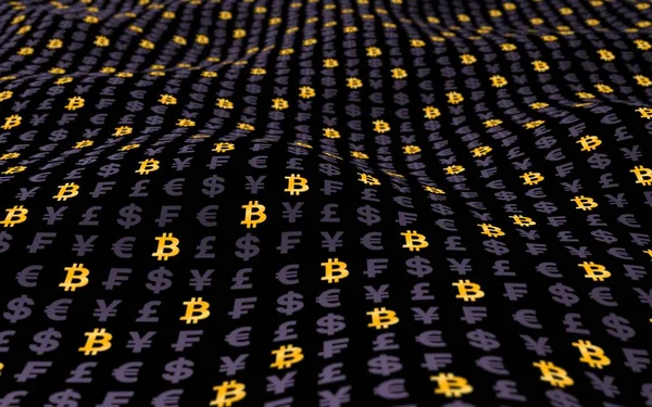 Bitcoin Und Währung Auf Dunklem Hintergrund Digitales Kryptosymbol Welleneffekt Marktschwankungen — Stockfoto