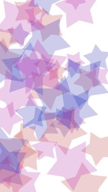 Beyaz arkaplanda çok renkli yarı saydam yıldızlar. Dikey görüntü yönlendirmesi. 3B illüstrasyon