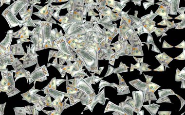 Dolar banknotlar uçan koyu arka plan üzerinde izole. Para havada uçuyor. 100 ABD banknotlar yeni örnek. 3D çizim