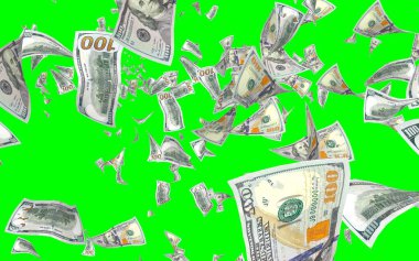 Kromakeyle izole edilmiş uçan dolar banknotları. Havada para uçuyor. 100 Amerikan doları yeni numune alıyor. 3B illüstrasyon