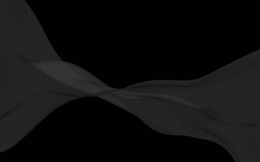 Siyah soyut arka plan. Kanat çırpan siyah eşarp. Rüzgâr siyah kumaşında sallanıyor. 3B illüstrasyon