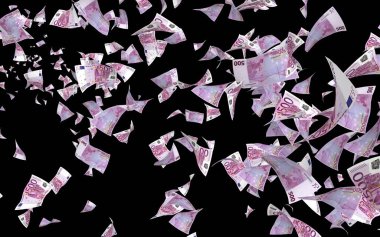 Uçan euro banknotlar karanlık bir arka plan üzerinde izole. Havada para uçuşuyor. 500 Euro renkli. 3d illüstrasyon