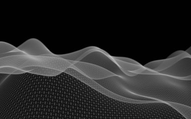 Siyah arka plan üzerinde soyut gri manzara. Siber uzay şebekesi. merhaba teknoloji ağı. 3d teknoloji illüstrasyon. Alan derinliği. 3d illüstrasyon