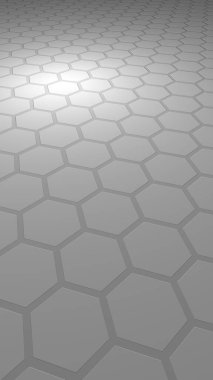 Gri arka plandaki petek. Çokgen in perspektif görünümü petek gibi görünüyor. Ekstrüde, yumru hücresi. Biyometrik geometri. Dikey görüntü yönlendirmesi. 3d illüstrasyon