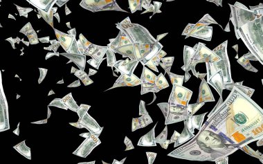 Dolar banknotlar uçan koyu arka plan üzerinde izole. Para havada uçuyor. 100 ABD banknotlar yeni örnek. 3D çizim