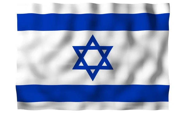 以色列的国旗 以色列国的国家象征 蓝星大卫的蓝星 介于白色田野上两条水平蓝色条纹之间3D说明 — 图库照片