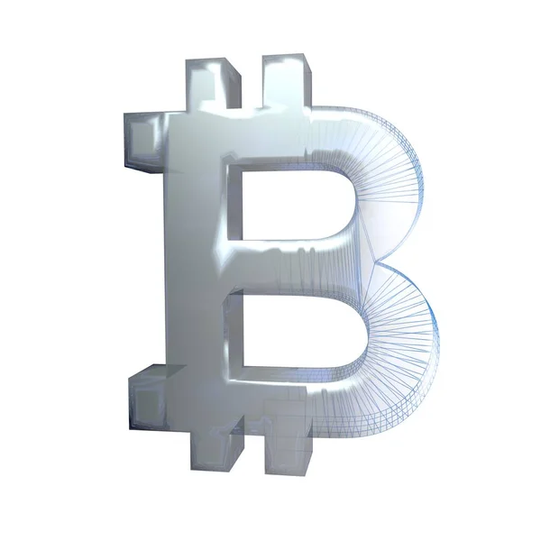 Signo Bitcoin Platino Plata Convierte Una Rejilla Azul Sobre Fondo —  Fotos de Stock