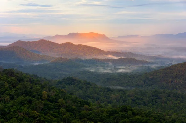 Beautiful Mist Green Forest Mountain Aerial View Sunrise Beam Red — Stock Photo, Image