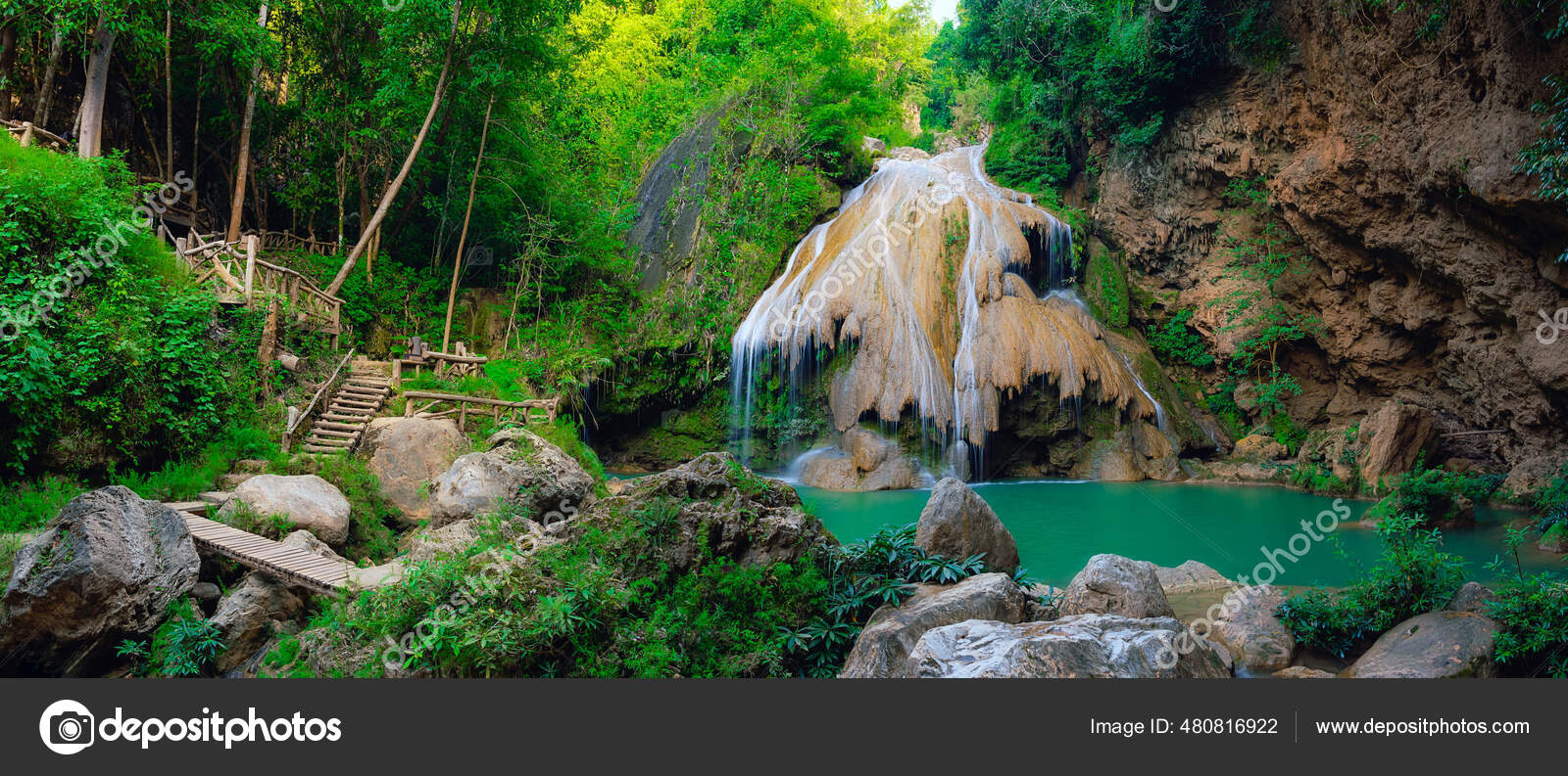 Panorama Luang Waterfall Turquoise Blue River Mae Ping National.