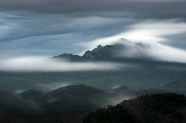Bella Nebbia Nel Bosco Con Montagne Verdi Esposizione Lunga — Foto Stock