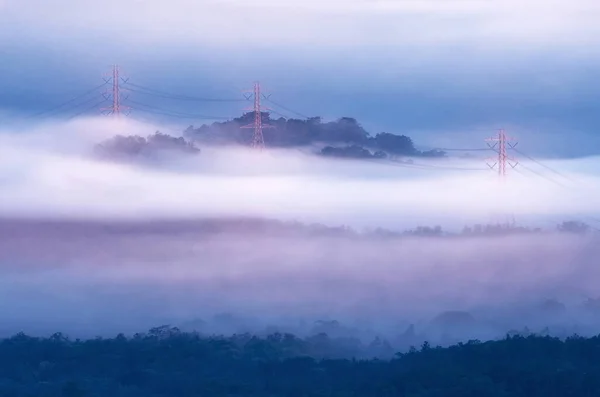Який Фокус Вежа Трансмісія Зеленому Лісі Красивий Ранковий Гладкий Туман — стокове фото