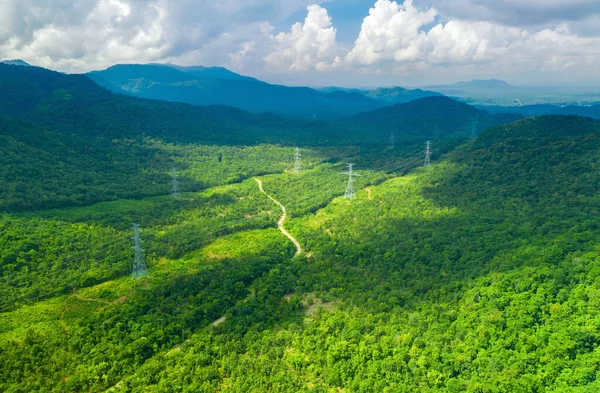 Letecký Pohled Transmission Věž Zeleném Lese Krásné Ráno Energetický Environmentální — Stock fotografie