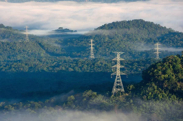 Sendemast Grünen Wald Und Schöner Morgennebel Energie Und Umweltkonzept Hochspannungsmasten — Stockfoto