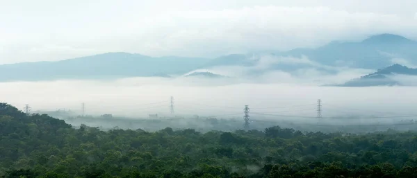 Panorama Torre Transmissão Vista Aérea Floresta Verde Bela Névoa Suave — Fotografia de Stock