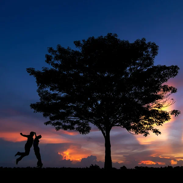 Silhouette d'arbres et d'hommes heureux — Photo