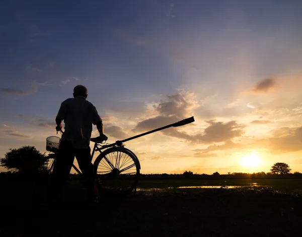 Silueta de los agricultores se llevaron bicicleta . —  Fotos de Stock