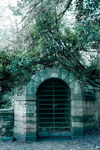 Вертикальный Вид Темный Вход Каменное Здание Синего Цвета — стоковое фото