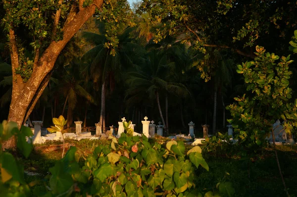 The old cemetery or pirate cemetery with ancient burials of the first colony in La Digue island at sunset, Seychelles
