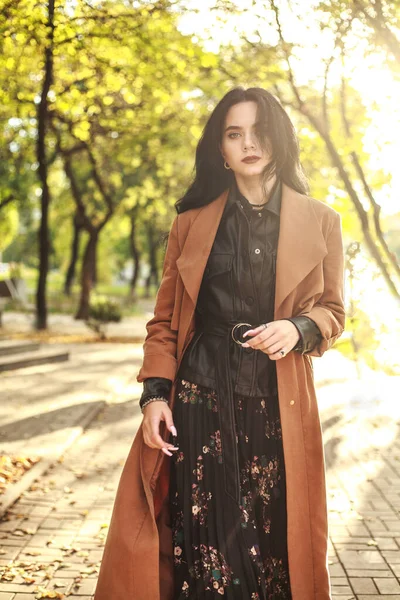 Fashionable Elegant Girl Model Walks Street Autumn City Park Sunny — Stock Photo, Image