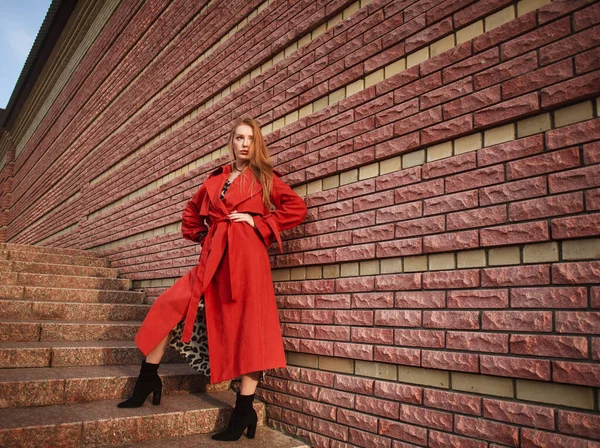 Elegante Dame Mantel Terrakottafarben Posiert Auf Einer Straße Der Stadt — Stockfoto
