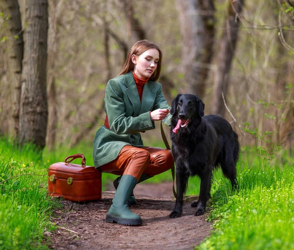 Dívka Stylové Venkovské Oblečení Černým Retrívrem Lovecký Pes Procházky Zeleném — Stock fotografie