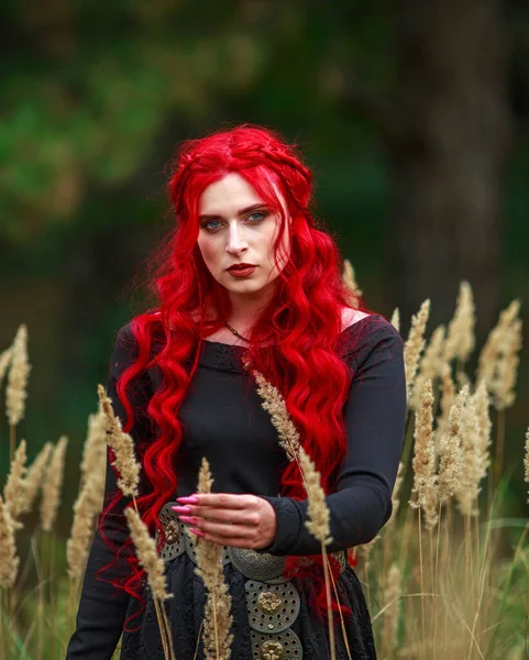 Moedige Jongedame Met Lang Rood Haar Naar Het Beeld Van — Stockfoto