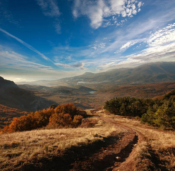 Route de montagne à travers la forêt d'automne laissant sur l'horizon — Photo