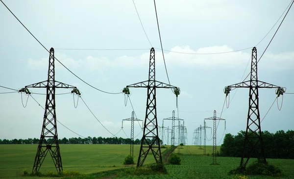 Pilastri della linea di energia elettrica sul campo verde — Foto Stock