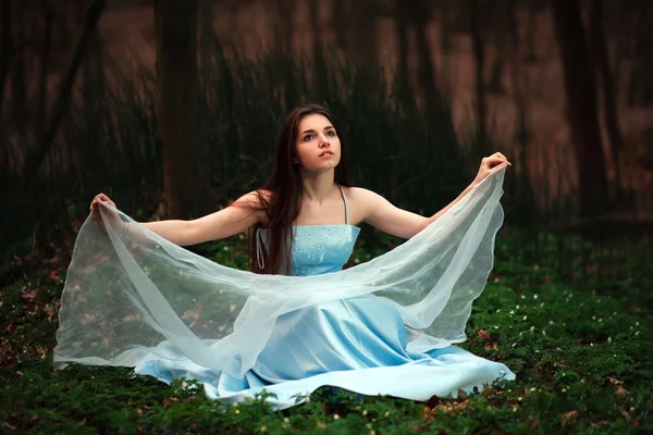 Chica joven romántica en un vestido azul largo, en el bosque crepuscular —  Fotos de Stock