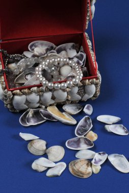 Mermiler, dekoratif bir kutuda inciler, bir kaset ...