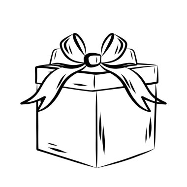 Doğrusal çizim hediyesi. Beyaz arkaplanda yay ile dekore edilmiş kutucuk.