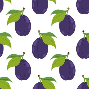 Kumaş, arkaplan, tekstil ya da ambalaj için erikli kusursuz desen. Beyaz arka planda yeşil yapraklı sulu erik. 