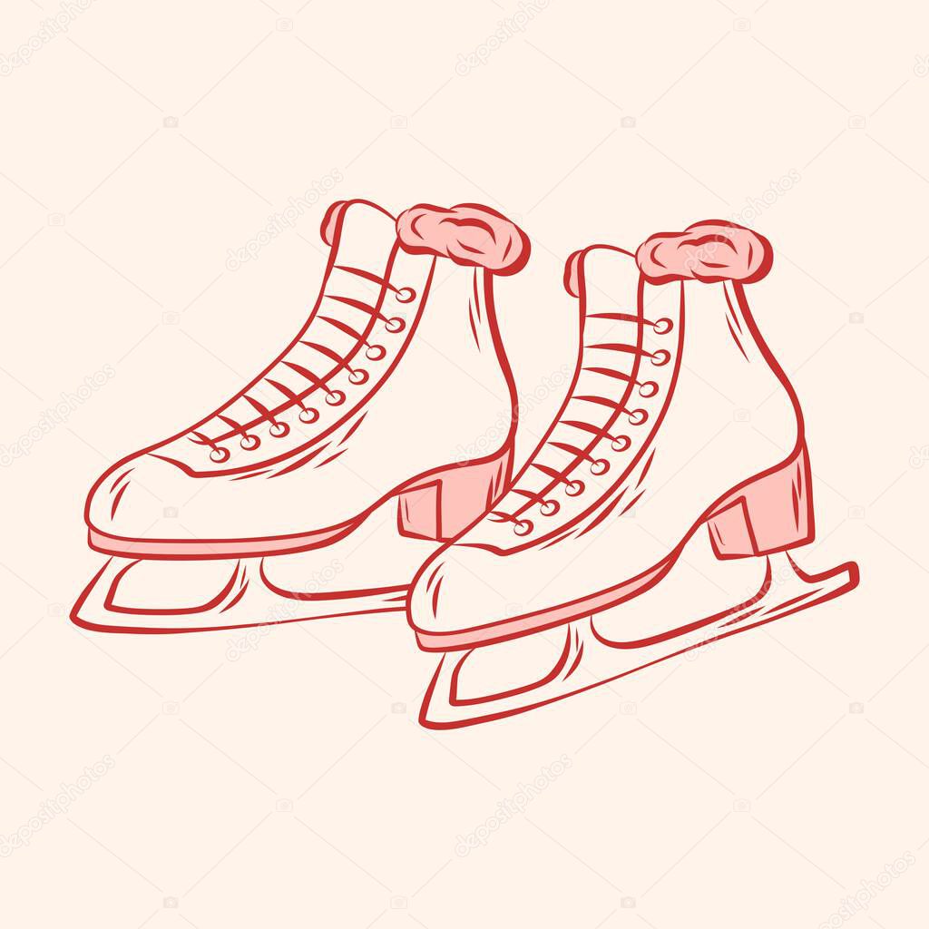 Coquette illustration skates. Ice skates for figure skating. Retro engraving. Sports equipment. For cards, greetings and holidays.