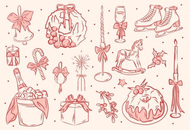 Coquette Noel unsurlarını ayarladı. El çizimleri şampanya, süslemeler, pasta, çelenk, mum, kutu. Kartlar, selamlar ve tatiller için.