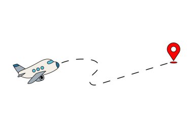 Beyaz arka planda kırmızı konum iğnesine giden çizgili bir uçakla uçuyor. Seyahat ve seyrüsefer. Poster, pankart, kart, davetiye, kartpostal, baskı için tasarım