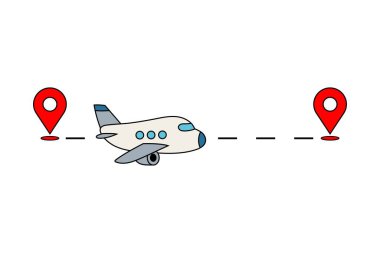 Beyaz arka planda kırmızı iz arasında doğrudan uçan bir uçak. Seyahat ve seyrüsefer. Poster, afiş ya da basılı yayın için. Bilgi Grafikleri.