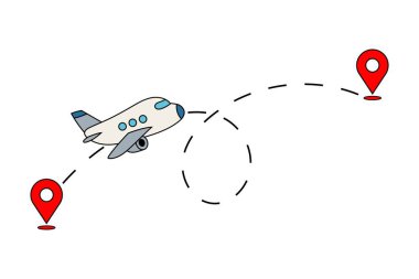 Beyaz zemin üzerinde iki kırmızı lobut arasında uçan uçak. Seyahat, yön bulma ve hedef kavramı. Poster, afiş, kart, baskı için.