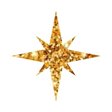 Sekiz puanlı parlak altın yıldız. Parıldayan yıldız simgesi beyazda izole edildi. Şenlikli tatil öğesi.