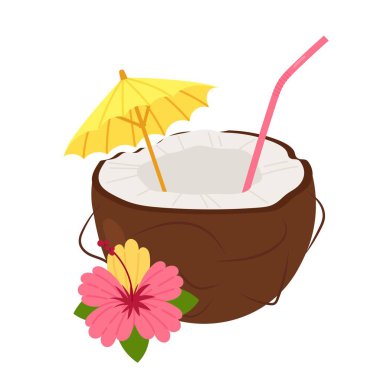 Egzotik hindistan cevizi kokteyli. Tropik çiçek. Beyaz şemsiyeli hindistan cevizi içeceği..