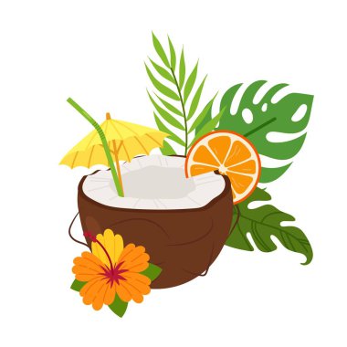 Hindistan cevizli tropik yaz kumsalı kuyruğu. Egzotik bitkiler ve tesisat çiçeği. Şemsiyeli ve portakal dilimli hindistan cevizi içeceği.