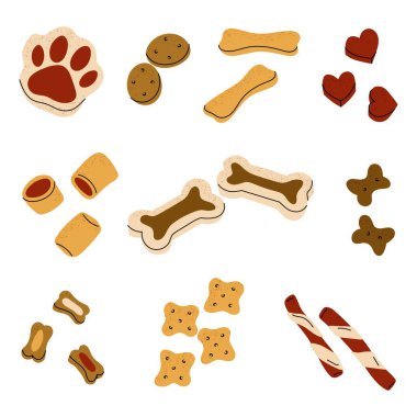 Köpek ya da kedi maması. Evcil hayvan maması. Düz illüstrasyonları beyaz arka planda köpek ve kedi atıştırmalıklarını ayarla.