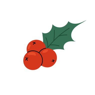 Kırmızı dutlu Holly yaprağı. Kış bitkisi ikonu. Noel tasarımları için beyaz arkaplanda düz çizimler.
